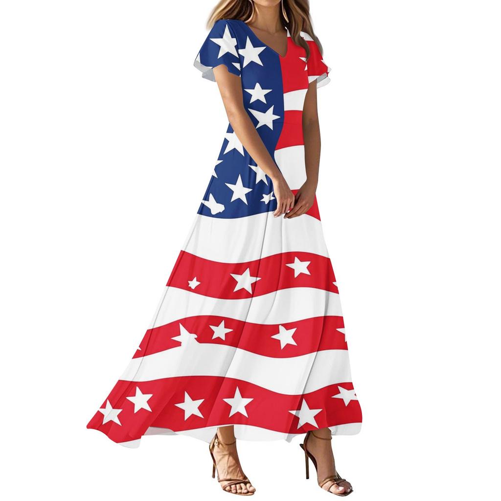 Женские повседневные модные платья с принтом ко Дню независимости, платья с коротким рукавом и V-образным вырезом