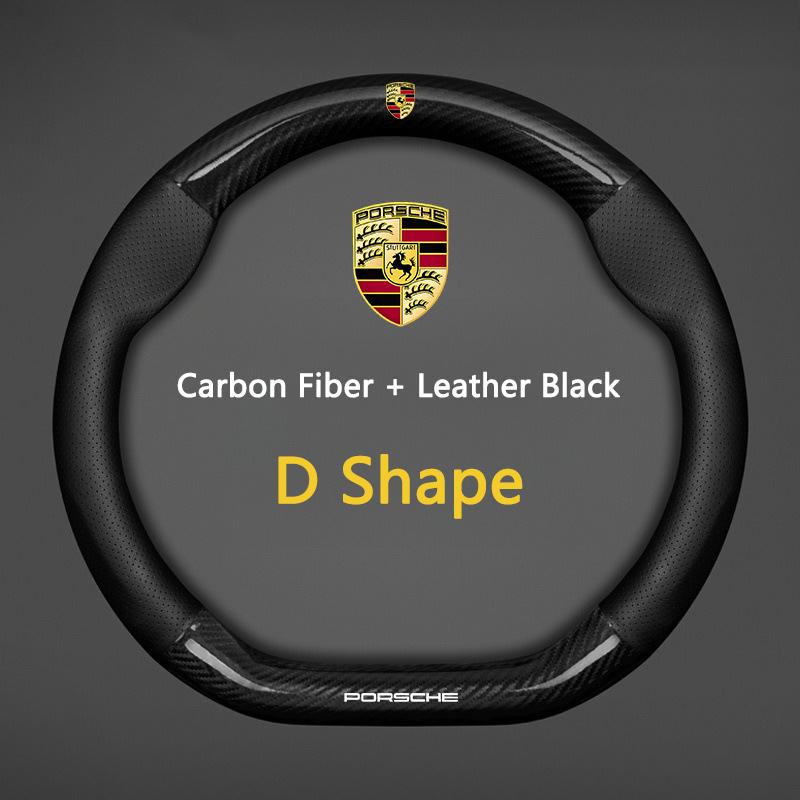 ABJV1 For Porsche Panamera Cayenne Taycan 911 718 Macan Carrera-GT Carbon fiber Leather Car Steering Wheel Anti-slip Wheel Cover