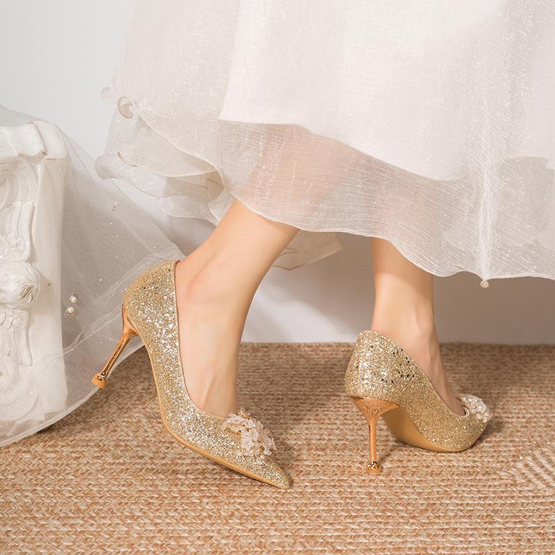 Модная роскошная хрустальная свадебная обувь, сексуальный острый носок, прозрачный жемчуг, стразы, цветок, шампанское, для невесты, 6/8 см, тонкие каблуки, туфли-лодочки для невесты