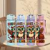 1PC Back To School Owl Text Print 750ml Color Plastic Sports Water Bottle Leakproof Flip Straw Lid Suitable for Sports Office Home Use