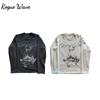 RogueWave New Arrival Women Y2K Waffle Knit Long Sleeve Tee Vintage Angel Letter Graphic Print Raw Hem Loose Casual Top