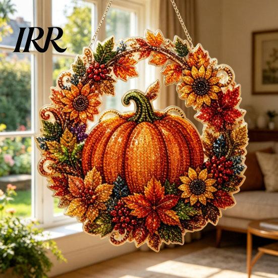 Durable Hanging Ornament Fall Pumpkin Sunflower Wreath Decor, Acrylic Hand Painted Fine Workmanship Decor Window Ornament, Thanksgiving