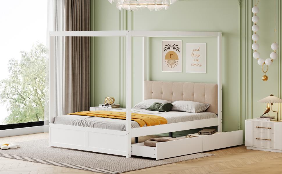 Canopy Bed 140*200 cm with Large Drawers and Soft Backrest, Wood Bed White