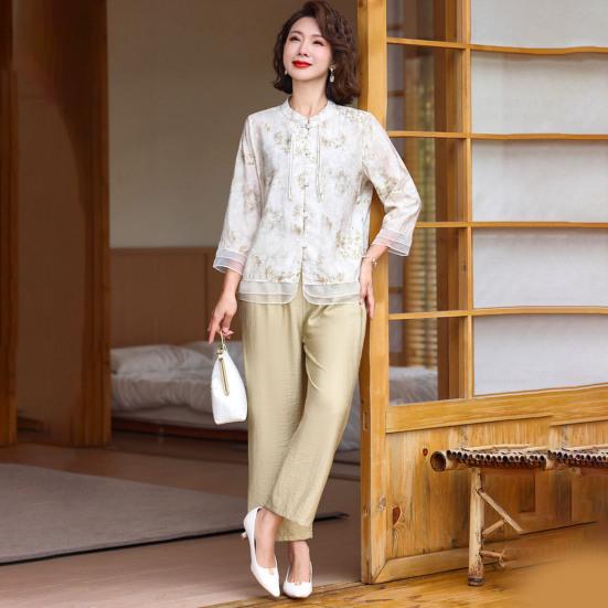 2 шт./компл. женский костюм в стиле ретро в китайском стиле плюс размер воротник-стойка с цветочным принтом и половиной рукава в стиле пэчворк, сетчатый топ с эластичной резинкой на талии и широкие брюки, комплект