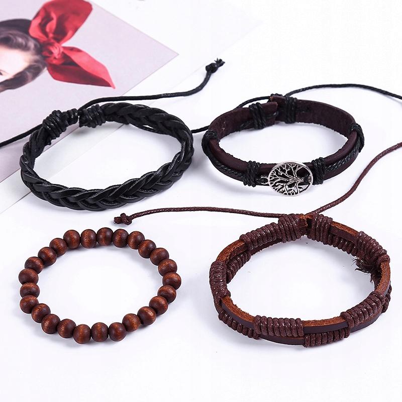 Men's Leather Bracelet, Eco Leather Set, Set Of 4, Tree Of Life, Vintage