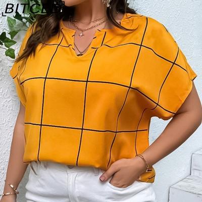 Весенне-летняя женская футболка большого размера с принтом в клетку, рубашка с короткими рукавами, отсутствующий угловой воротник, рукава «летучая мышь»