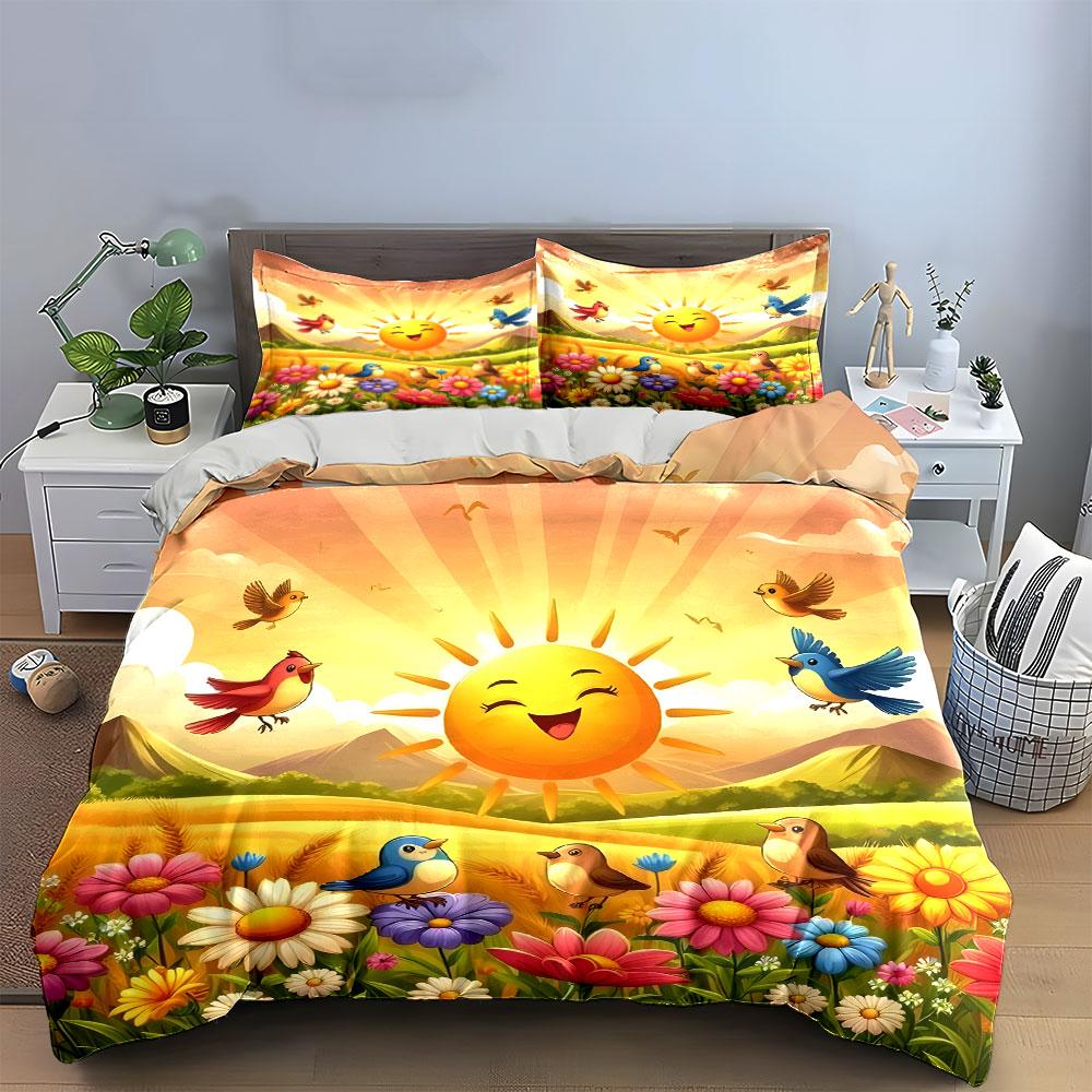 "Sunny Nature Scene With Birds" Exquisite three-piece bedding set gift for kids and adults