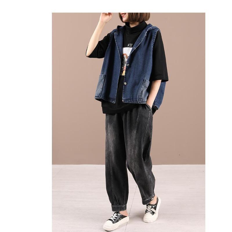 Printed Hooded Denim Vest Women's Loose Oversized Jacket Loose Casual Short Top New Fashion Autumn
