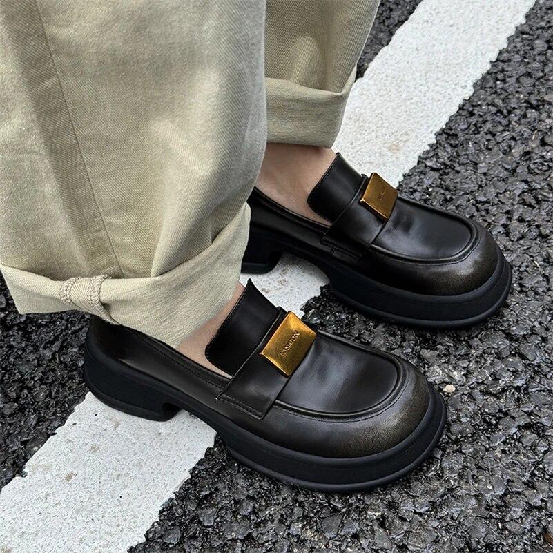 Meotina Женские лоферы из натуральной кожи, туфли-лодочки с круглым носком на толстом среднем каблуке с металлическими украшениями, женская модная обувь, весенне-осенний цвет коричневого цвета 40