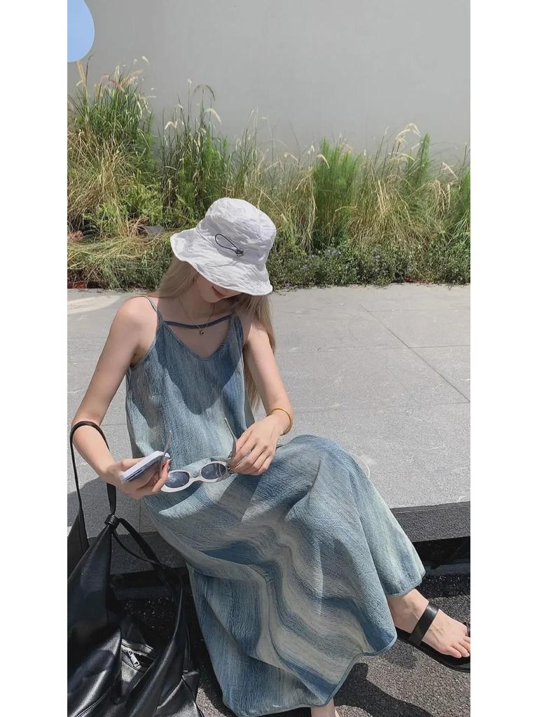 Женское платье-подтяжка с французским узором тай-дай — облегающее и свободное, летняя пляжная одежда для моря