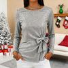 Women Tops Round Neck Long Sleeve Sparkling Sequins Pullover Tops with Shimmering Bow Tie Accents Casual Wear