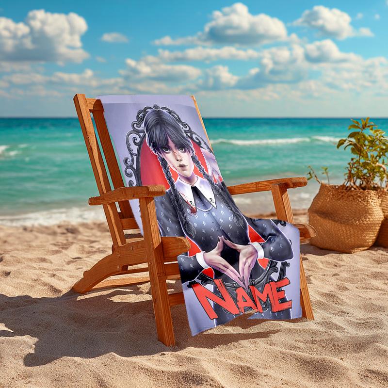 Personalized customized proof beach towel with Wednesday Addams pattern - soft, absorbent,quick-drying,perfect swimming,camping&bathing