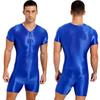 Мужской цельный купальник с коротким рукавом, комбинезон на молнии, глянцевый эластичный спортивный костюм для фитнеса с круглым вырезом