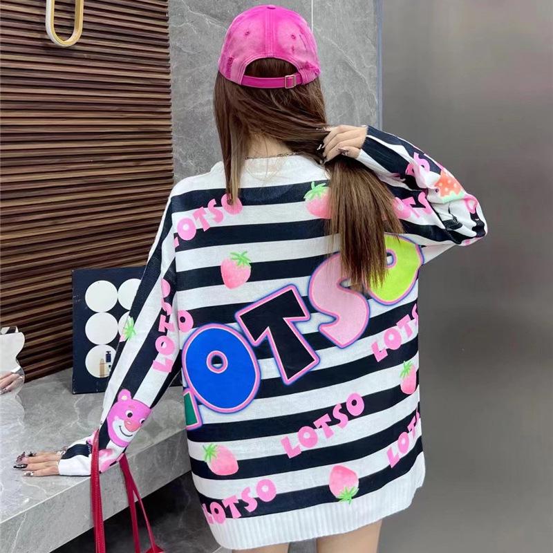2025 Autumn/Winter Women's Rhinestone Strawberry Bear Knit Sweater Coat - Trendy, Loose, Mid-length Style