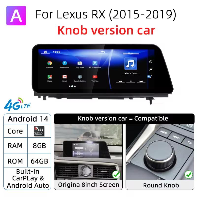 Автомагнитола на Android 14 для Lexus RX RX200t Rx300 Rx350 Rx450h RX400h 2015-2019 Snapdragon 665 GPS Мультимедийный плеер CarPlay Экран XN0