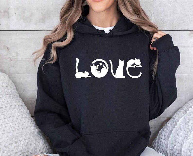 Autumn And Winter Love Cat Pattern, Printed Long-Sleeved Top Trendy Fashion Women'S Hooded Sweater