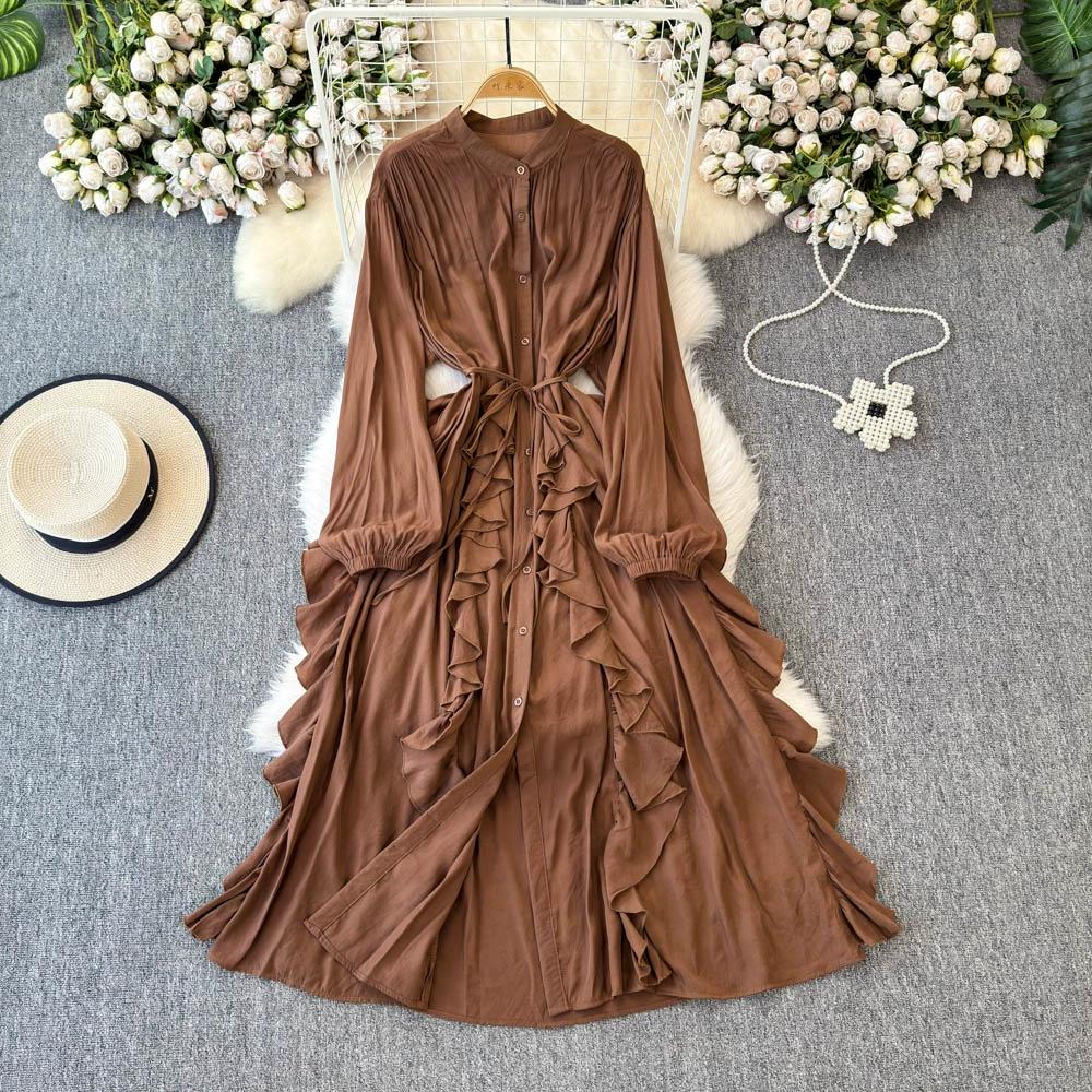 Нежный стиль, темперамент, рукава-фонарики, воротник-стойка, присборенная талия, А-силуэт, оборки по краю, шифоновое платье, элегантные большие свободные длинные платья