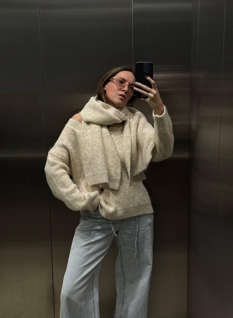 Women's Fall Winter Wool Sweater Set Loose Cozy Knit Top with Scarf, Cream White