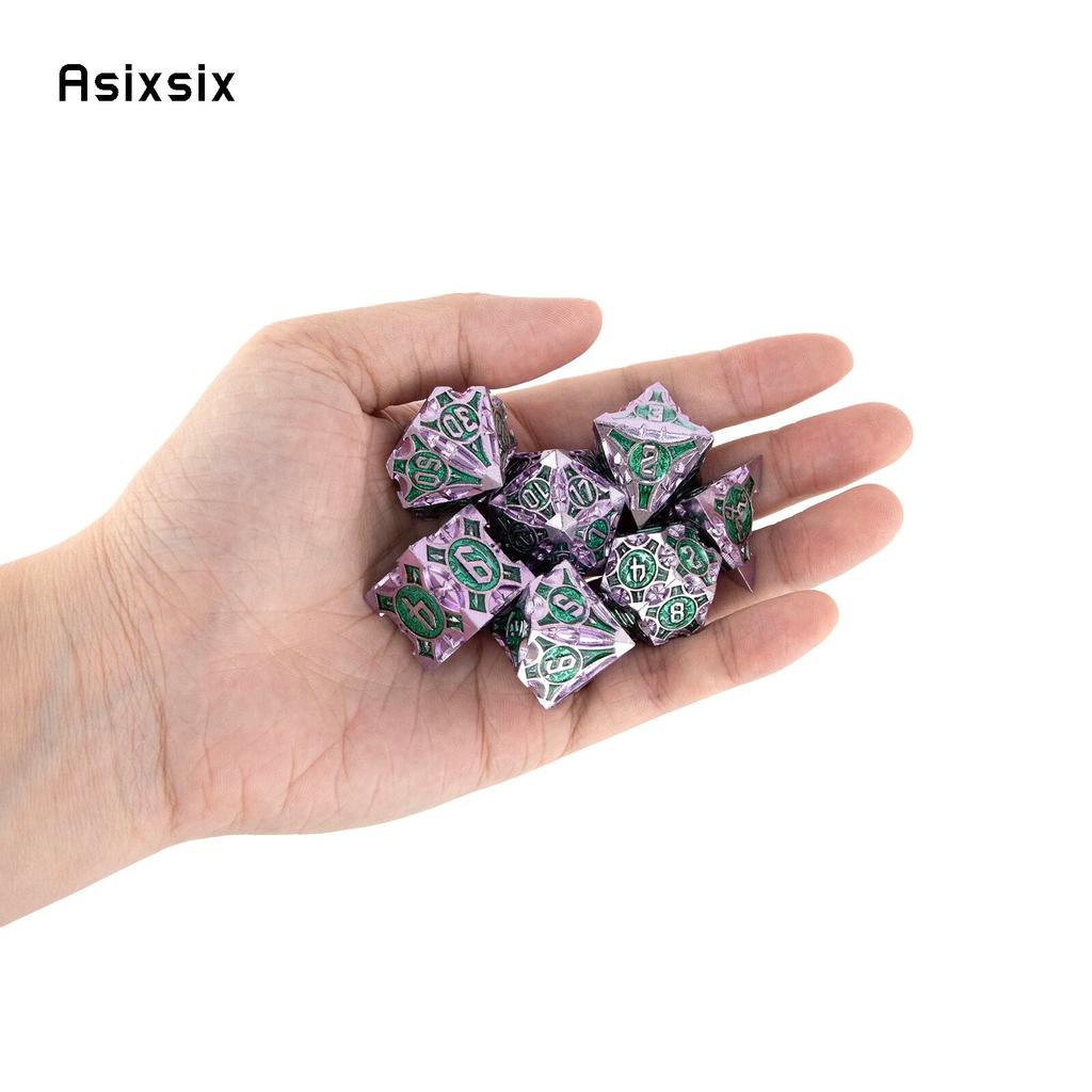 7 шт. фиолетовые, зеленые металлические кубики, набор твердых металлических многогранных кубиков, подходящий для ролевой ролевой игры, настольной игры, карточной игры