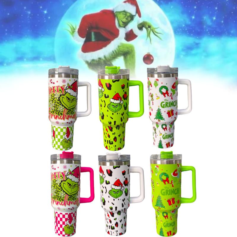 Термокружка Grinch из нержавеющей стали, 40 унций, с крышкой-поилкой и соломинкой, в современном зеленом дизайне