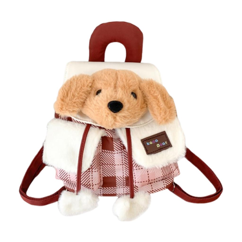 Plush Puppy Flap Backpack Drawstring Casual Grid Pattern Backpacks Cartoon Plaid Shoulder Bag Outdoor Travel Date Backpacks