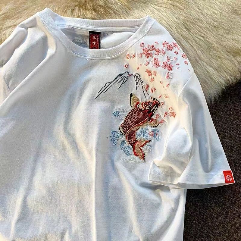 Весенне-летняя национальная приливная хлопковая футболка в китайском стиле с вышивкой карпа и короткими рукавами, свободная мужская и женская пара, большой размер-300 кошачьих