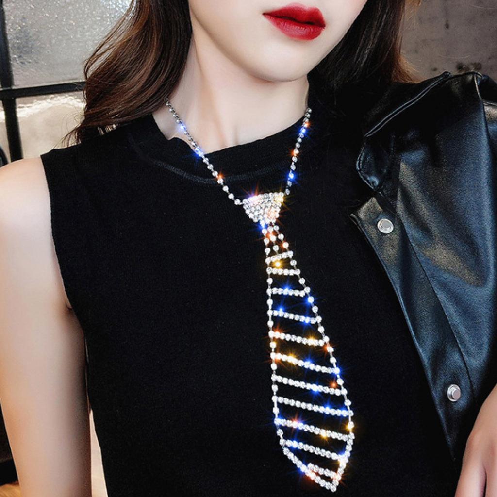 Womens Sparkly Rhinestones Necklace with Adjustable Chain Shiny Crystal Long Necktie Fashion Neck Jewelry Gift for Party
