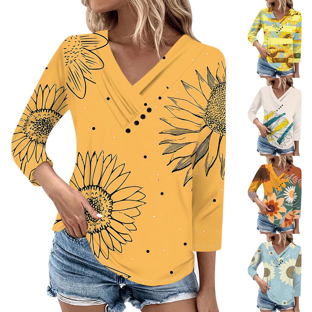 Womens 3/4 Sleeve Daily Weekend V Neck Casual Printed Tshirts Loose Fit Pleated Tees Ladies Blouse