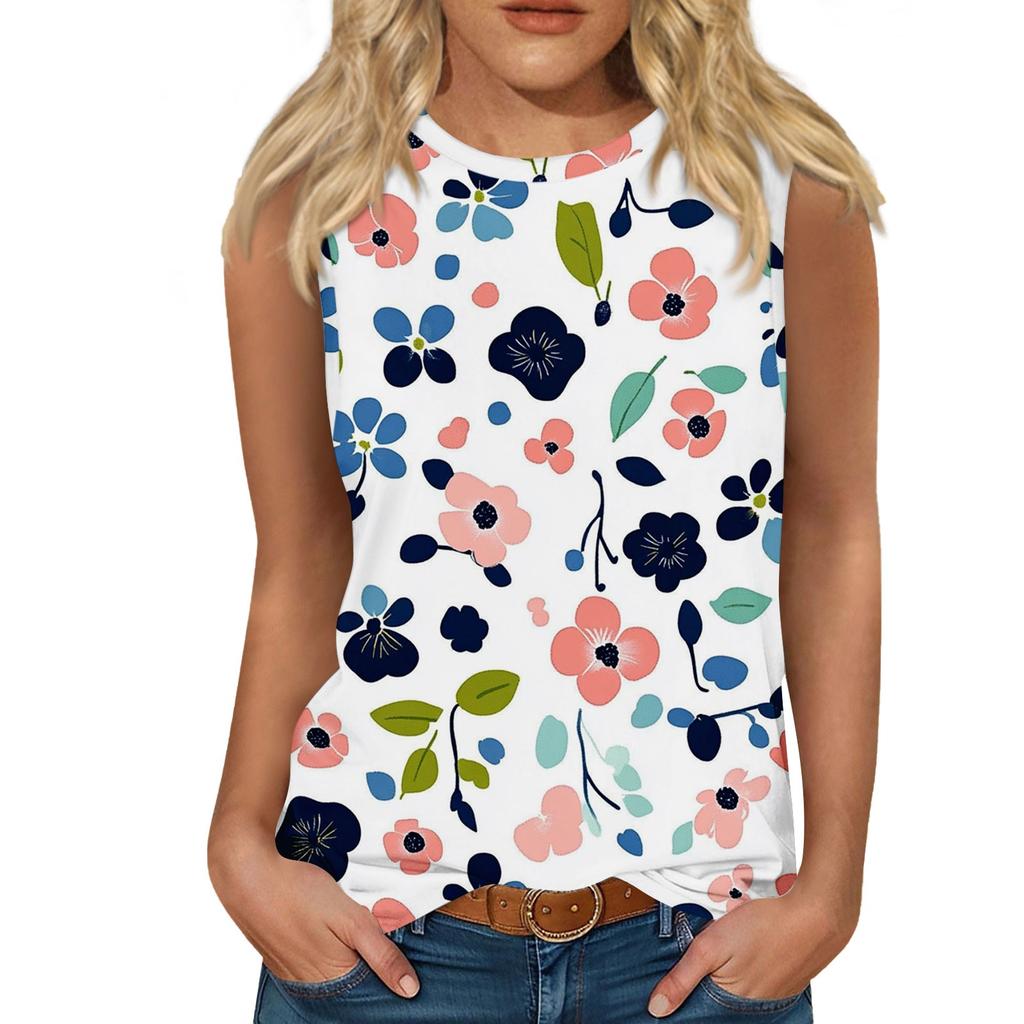 Women's Casual Round Neck Printed Sleeveless Vest Tops Vest