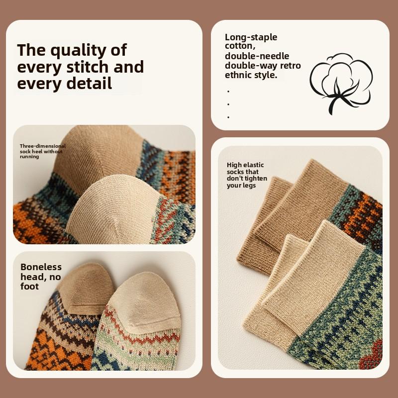 5 пар женских носков для осени и зимы с ворсом средней длины с узором Майяра, женские носки с дезодорирующим эффектом, хлопковые носки с двойной иглой для весенних и осенних дорог
