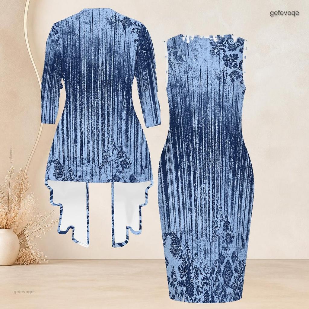 Women Plus Size Two Piece Set Abstract Printed Round Neck Sleeveless Bodycon Dress And Three Quarter Sleeve Open Cardigan
