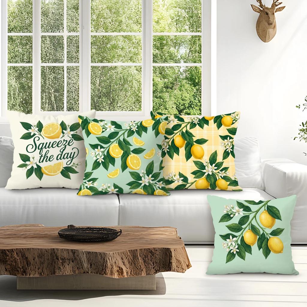 4 Pcs Lemon Single-Sided Printed Pillowcase Cushion Cover,Suitable For Living Room,Bedroom,Car Decoration