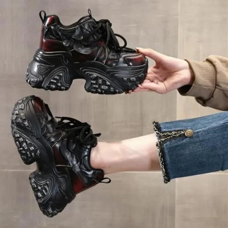 Модные 10 см натуральная кожа вулканизированные высококачественные вулканизированные женские кроссовки на платформе и танкетке массивные прогулочные мокасины удобные весенне-осенние туфли