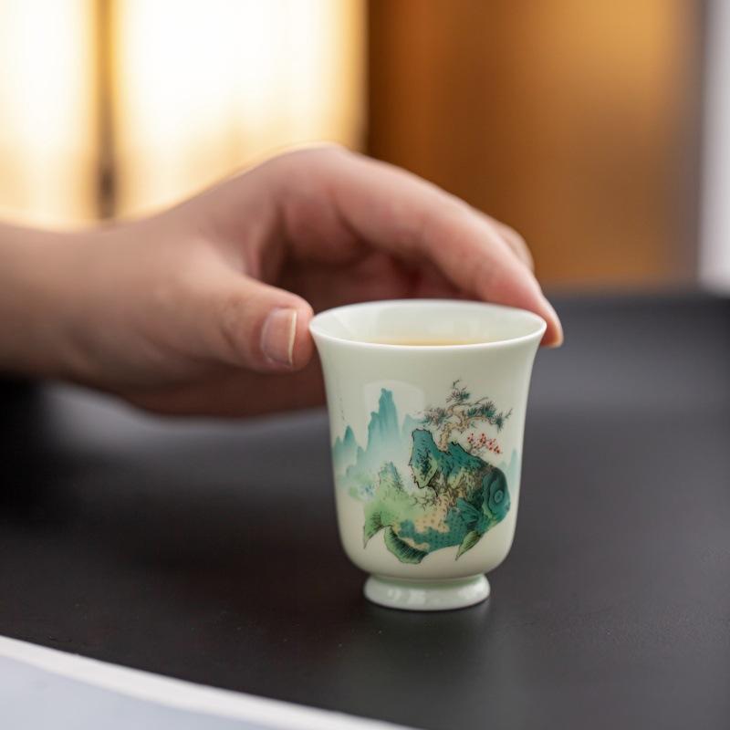 Mutton fat jade master cup, high-end personal hand-painted new color landscape and clear breeze flowing spring tea cup, tea set, 1 cup gift box