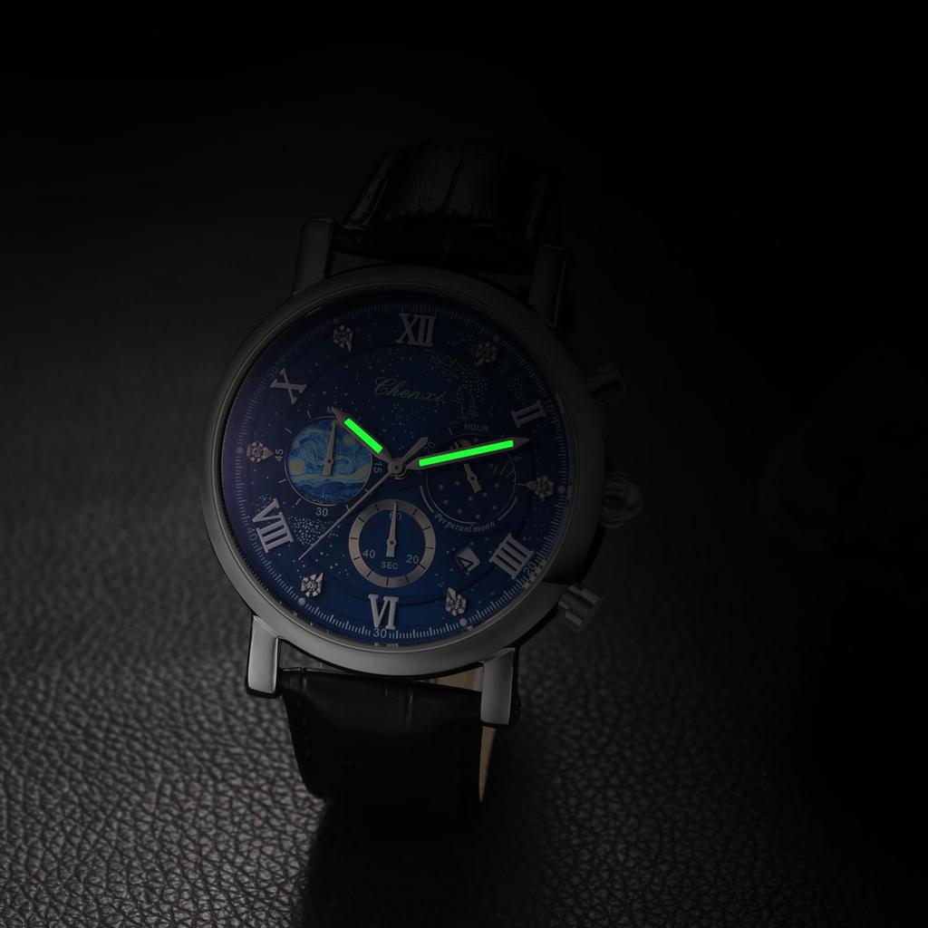 Watch Genuine Leather Strap Van Gogh Starry Analog Calendar Leather Strap Waterproof Quartz Watch Black Fashion Watch Day Birthday Christmas Day Gift