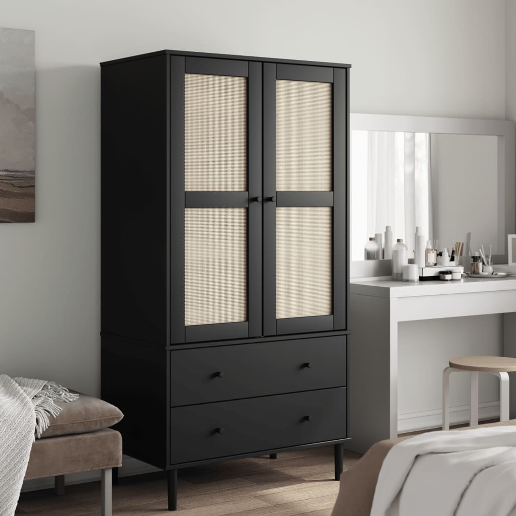 SENJA Wardrobe with Rattan Style Finish Black 90 x 55 x 175 cm
