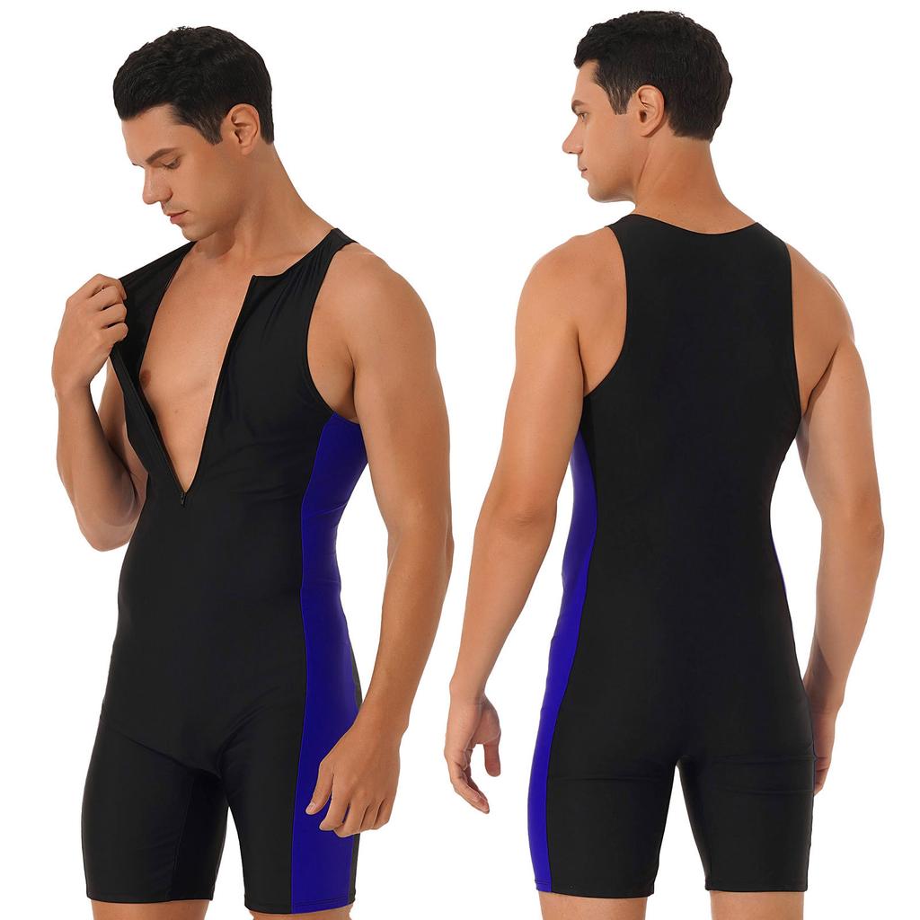Men One-piece Swimwear Sleeveless Front Zipper Shorts Bodysuit Wetsuit for Beach Pool Swimming Bathing