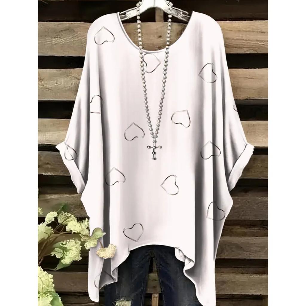 Elegant Bohemian Chic Oversized Simple Retro Love Print Print Women's T-Shirt Asymmetrical Hem O-Neck Versatile Women's Clothing