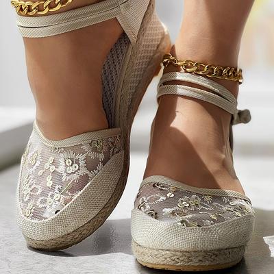 Мода 2024 года, женские сандалии, вышитые плетеные эспадрильи с ремешком на щиколотке, на танкетке, с сеткой и блестками, на высоком каблуке 6 см, дышащая обувь