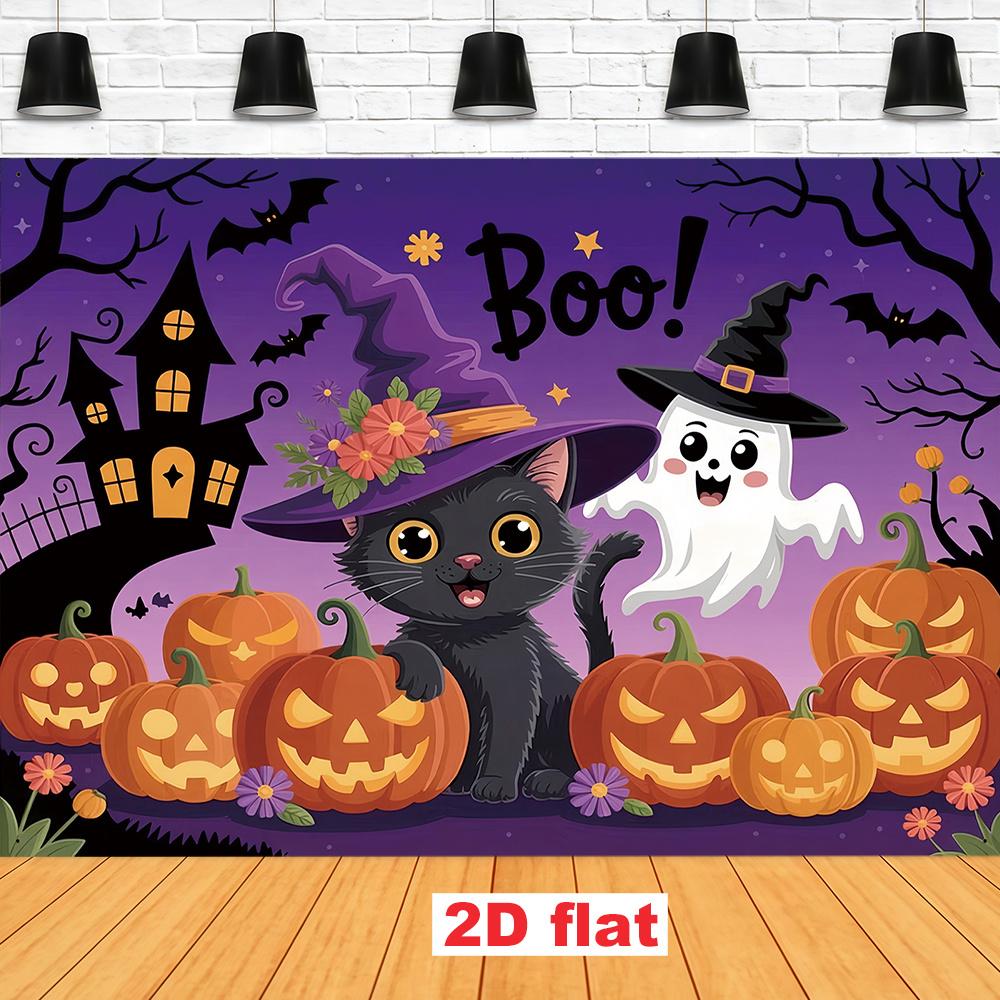 2D flat banner witch hat black cat soft and cute S-shaped Halloween theme decoration background cloth