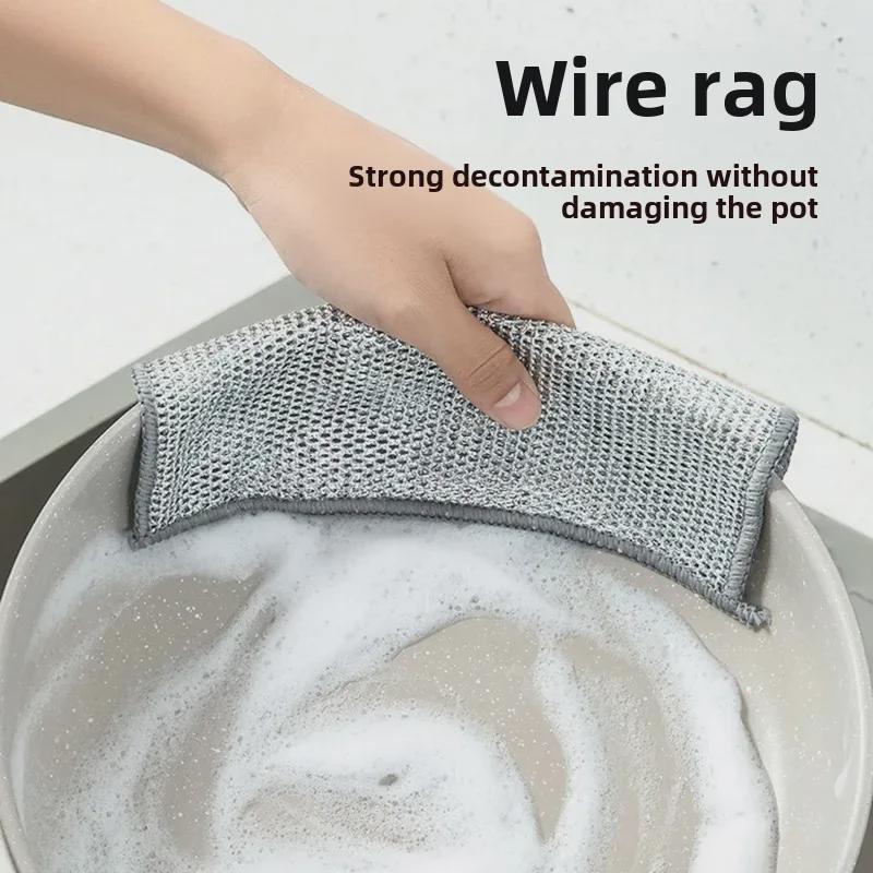 Двусторонняя кухонная тряпка из серебристой стальной проволоки: Замена стальной ваты на антипригарное масло, скребок для кухонных плит и кастрюль.