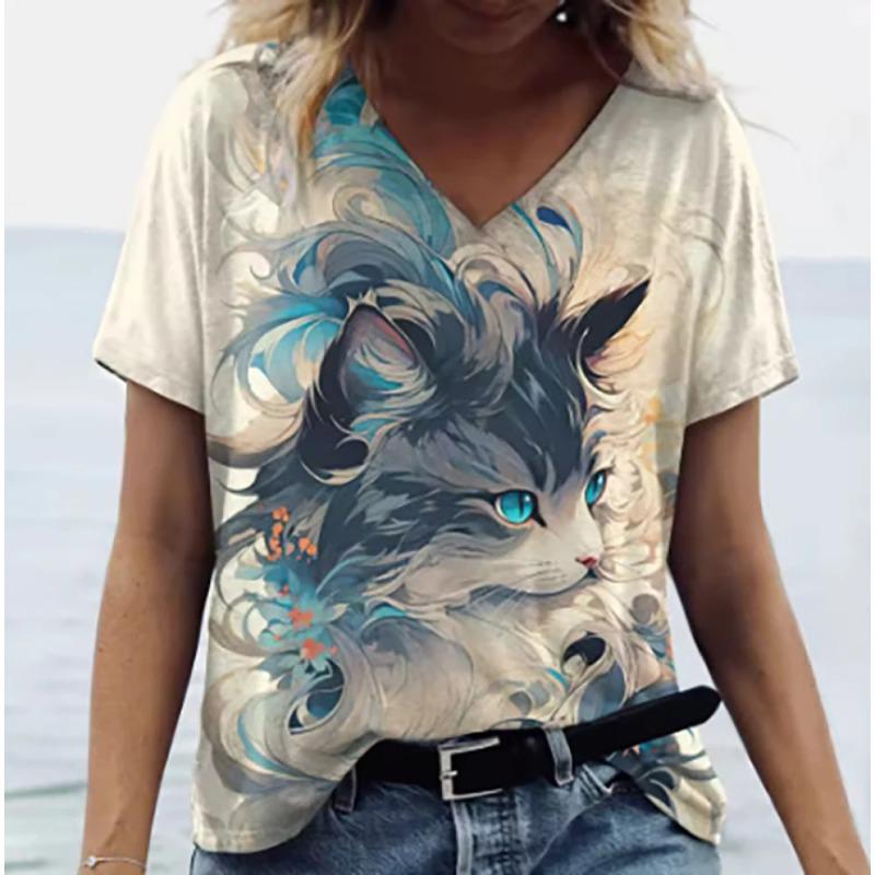 Женские футболки с V-образным вырезом и коротким рукавом с принтом животных, летняя одежда, милые мультяшные футболки с кошкой, женские футболки оверсайз, одежда, топы