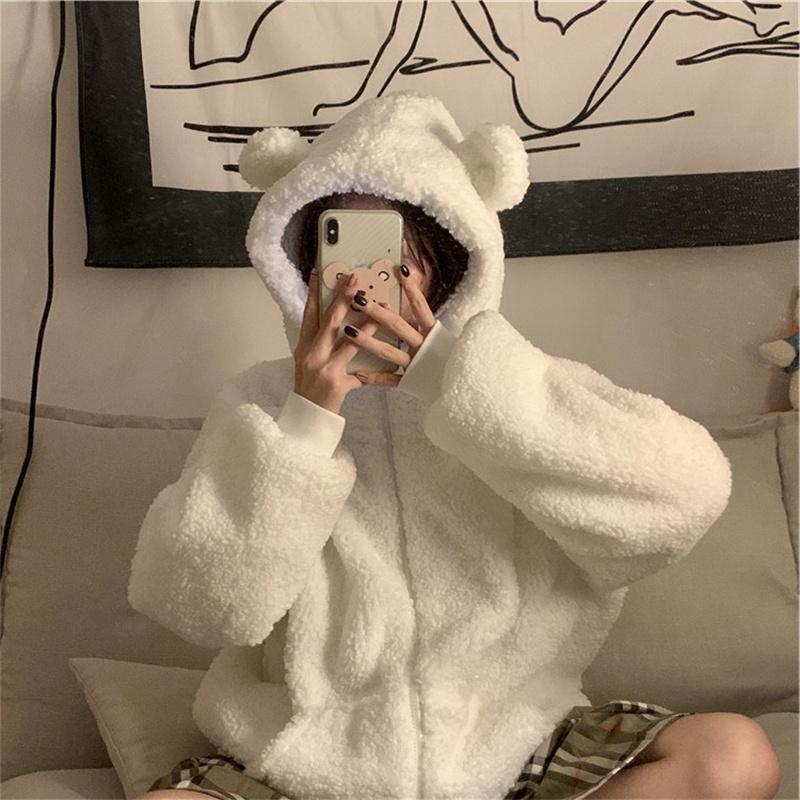 Милая толстовка с капюшоном и ушками плюшевого мишки в виде ягненка для женщин на осень и зиму, с толстым флисовым кардиганом и курткой на молнии для студентов