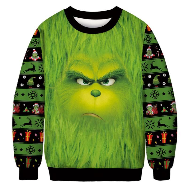 Grinch Christmas Cartoon Hoodie Unisex Long Sleeve Crewneck Sweatshirt Teens Casual Print Top
