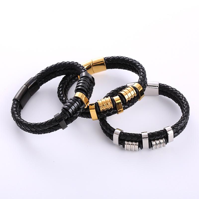 Stainless Steel Leather Braided Bracelet Men Minimalist Geometric Rhombus Design Gold Black