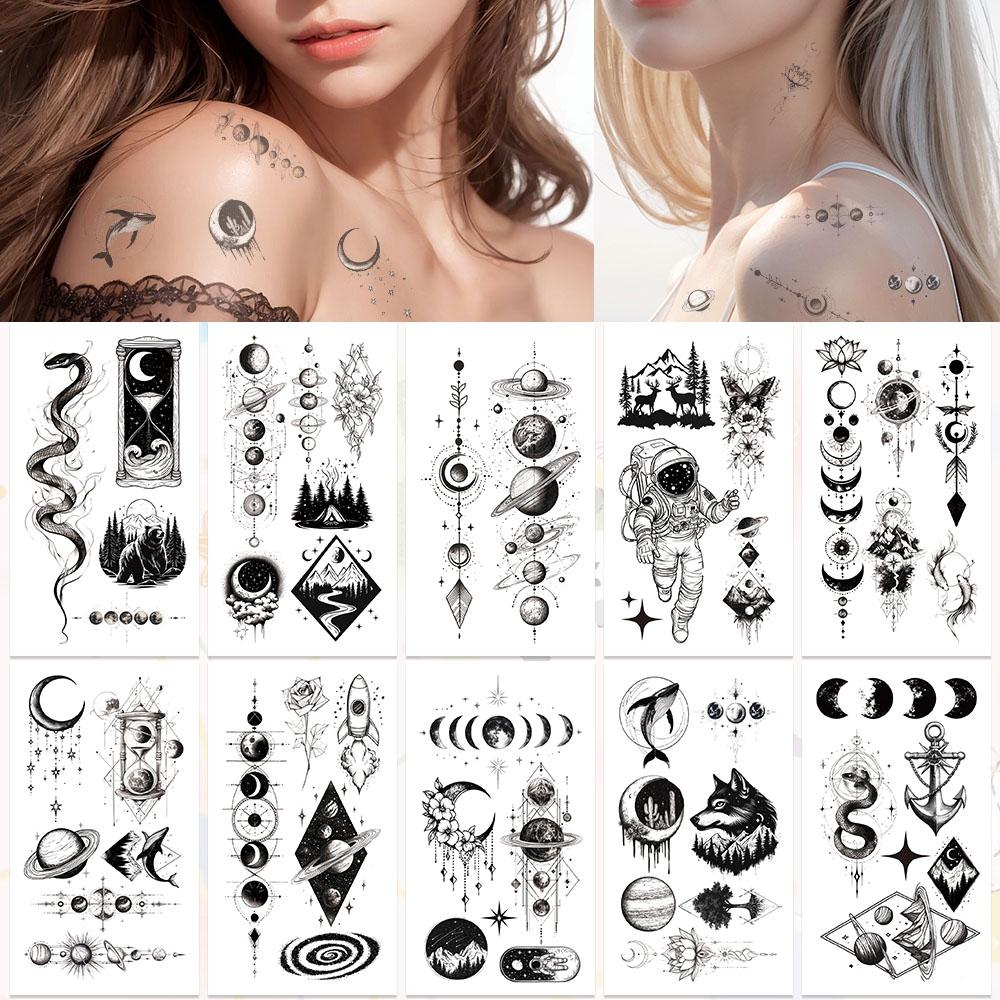 10sheets Black Mysterious Space Astronaut Planet Tattoo Stickers For Face Hand Arm Body Temporary Waterproof Tattoo Stickers