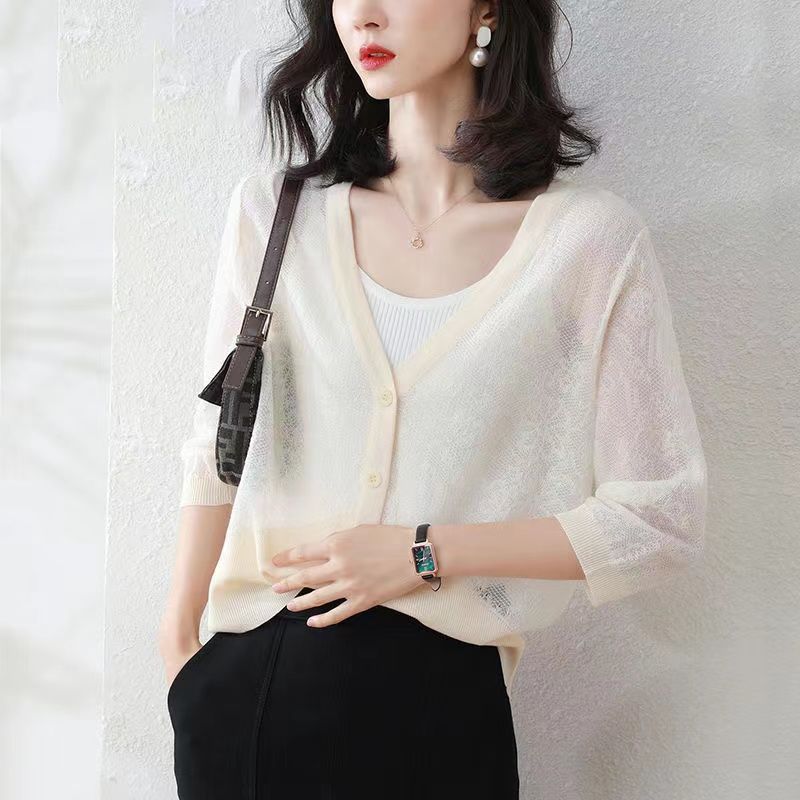 Вязаный кардиган, свободная женская шаль, ажурная рубашка с защитой от солнца и кондиционером