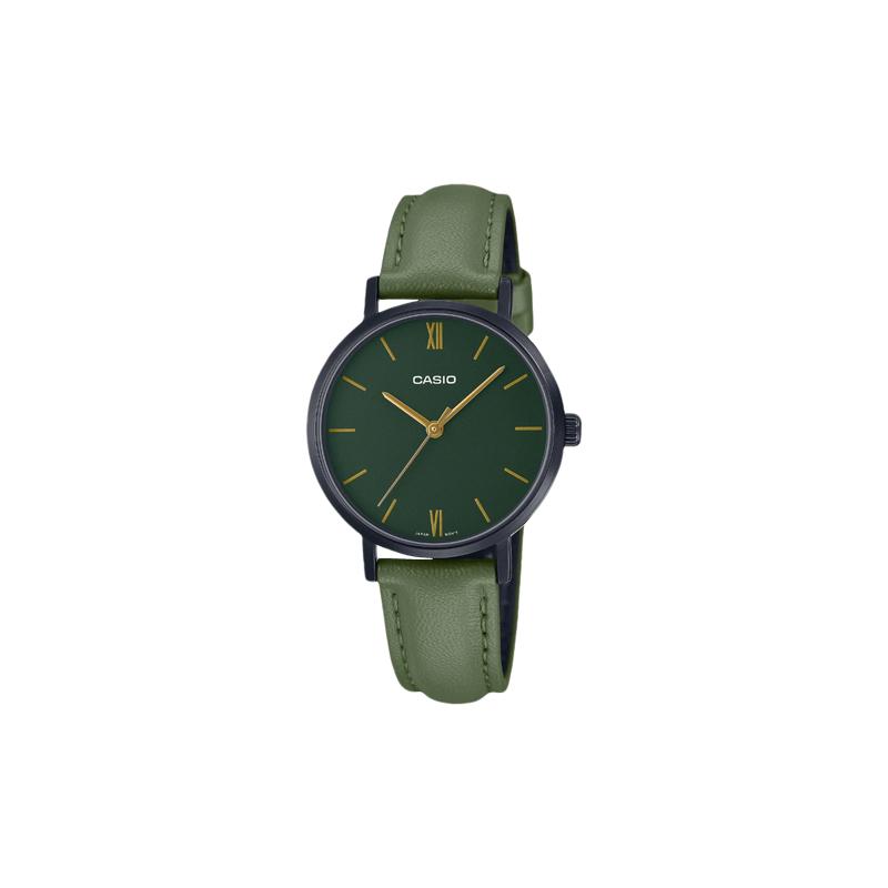 Casio Серия STANDARD Простая Модная Водонепроницаемые Кварцевый Механизм Кожаный Ремешок Японские и Корейские Часы Женские Часы Зеленый Циферблат LTP-VT02BL-3A