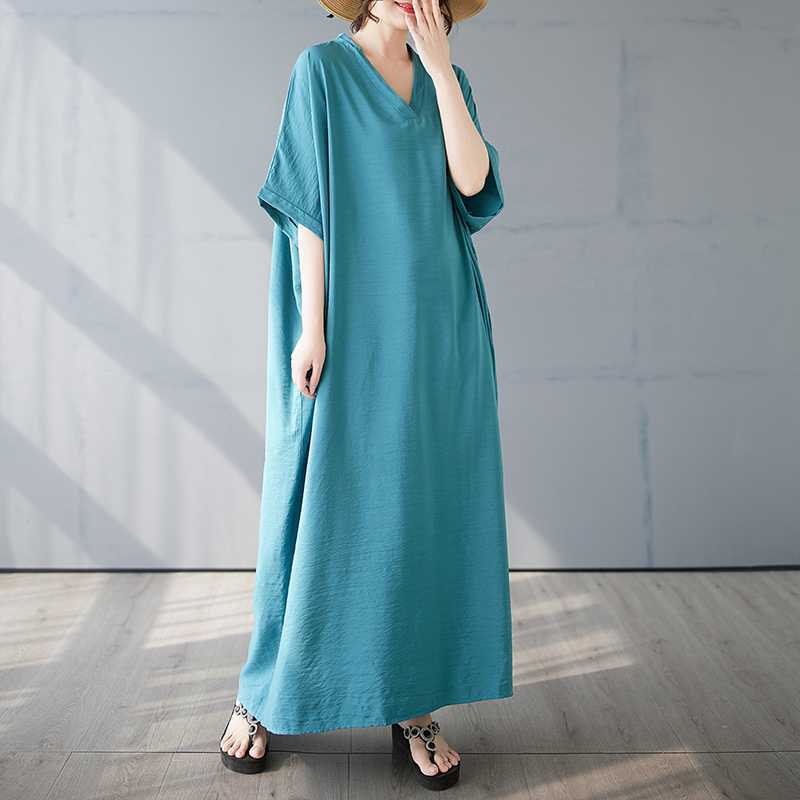 Летнее цветное платье с V-образным вырезом в стиле ретро, длинная юбка, хлопок-лен