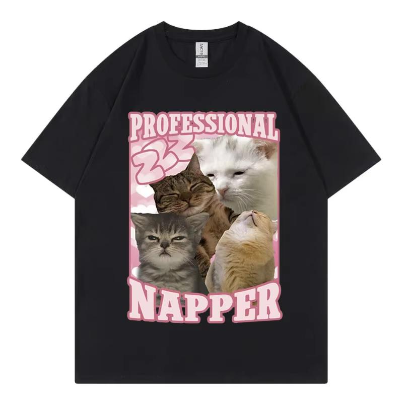 2026 Summer Cotton Tee Cute Sleeping Cats Meme Graphic Unisex WOMEN Plus Size Loose Casual Hip Hop Streetwear Breathable Top
